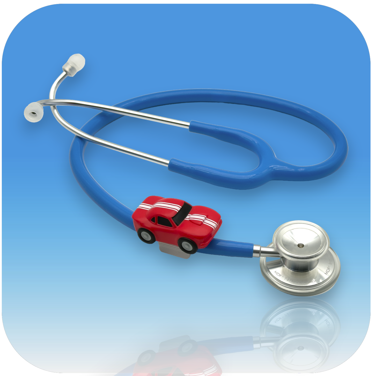 MedBuddy® Rally Rex red race car toy figurine pediatric stethoscope attachment to reduce needle anxiety in children