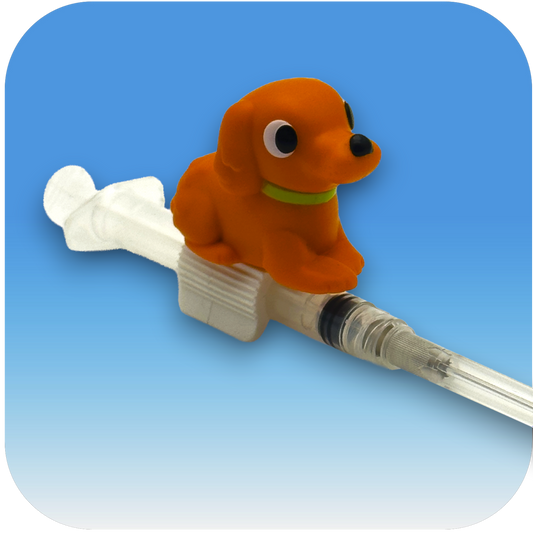 MedBuddy® Felix brown dog puppy toy figurine attachment for children's medical syringes to reduce fear of needles