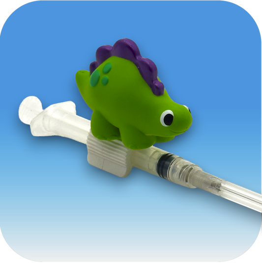 MedBuddy® Carter green stegosaurus dinosaur toy figurine attachment for children's medical syringes to reduce needle fear