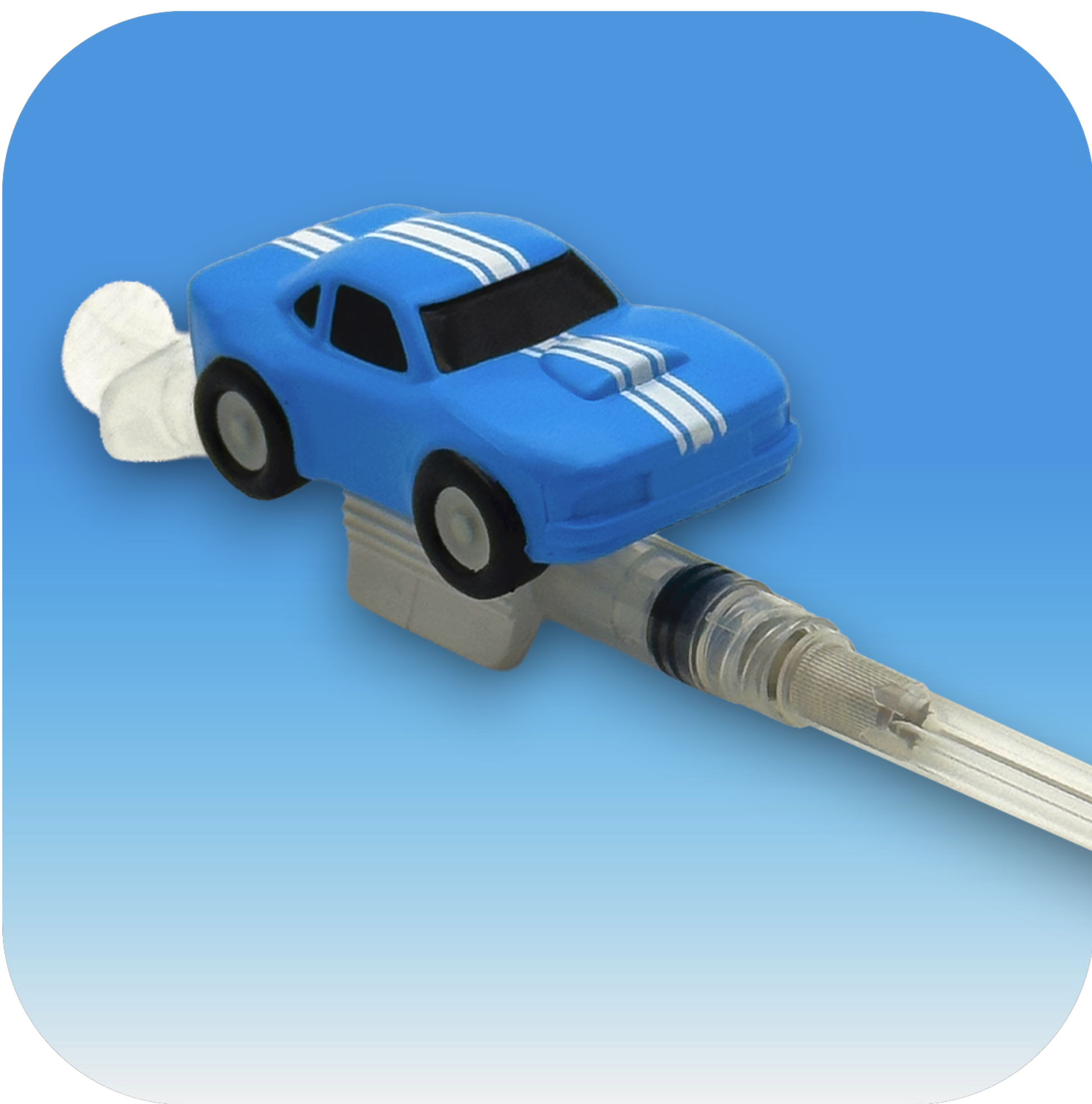 MedBuddy® Stevie blue race car toy figurine attachment for children's medical syringes to ease vaccination fear