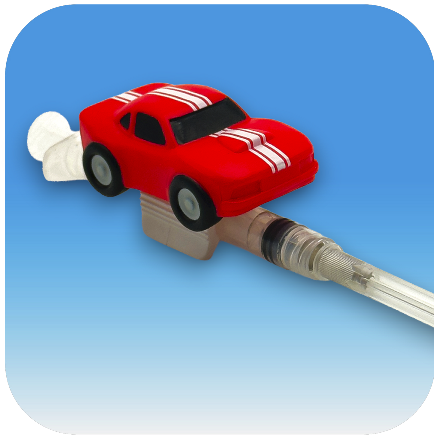 MedBuddy® Rally Rex red race car toy figurine pediatric syringe attachment to reduce needle anxiety in children