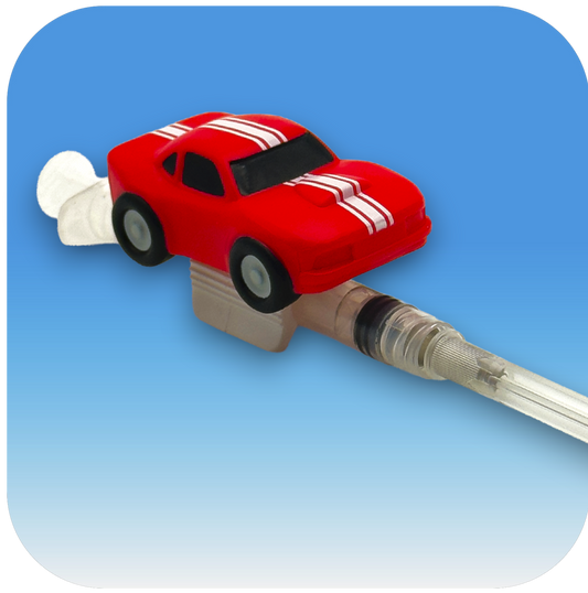 MedBuddy® Rally Rex red race car toy figurine pediatric syringe attachment to reduce needle anxiety in children
