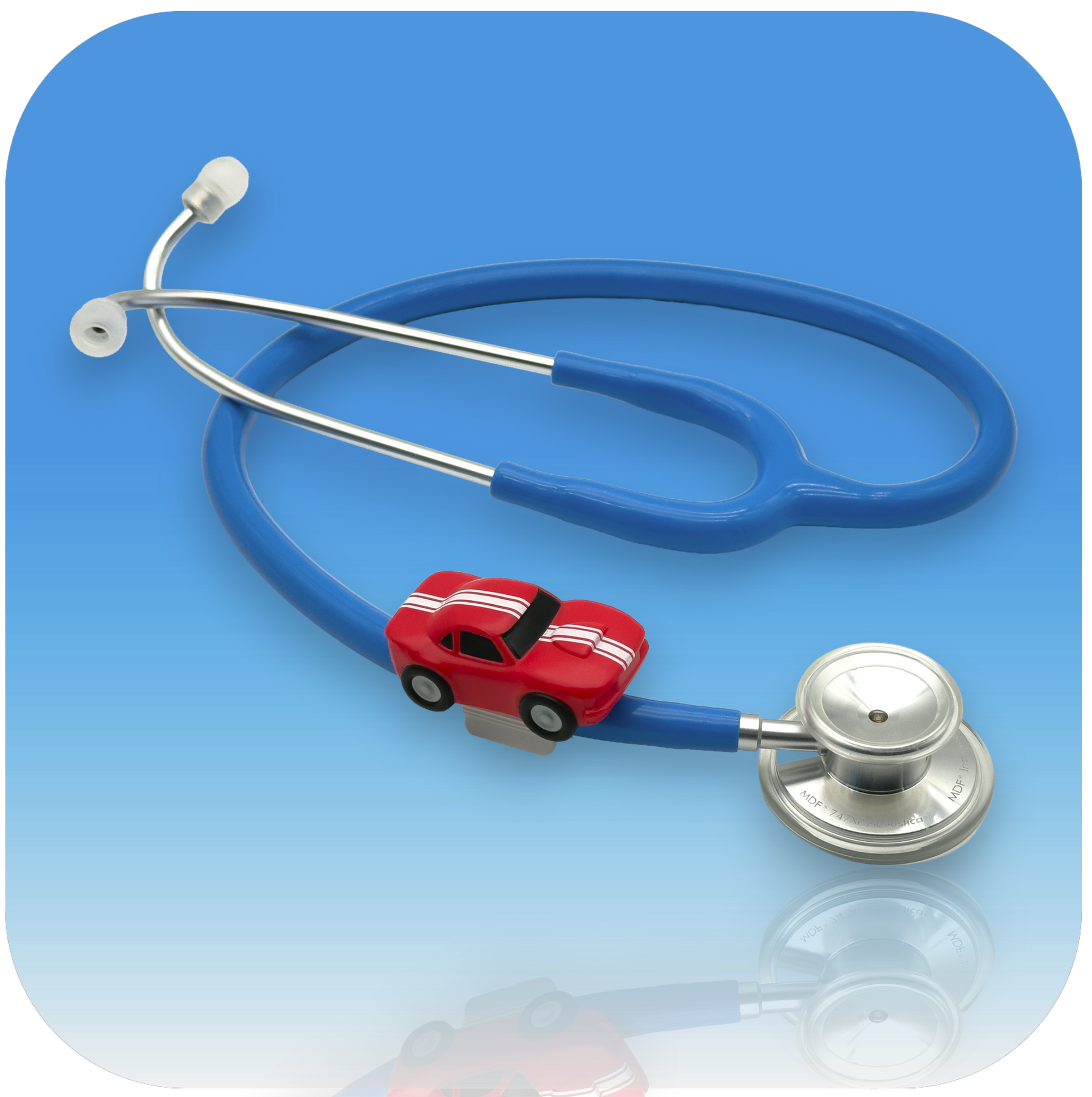 MedBuddy® Rally Rex red race car toy figurine pediatric stethoscope attachment to reduce needle anxiety in children