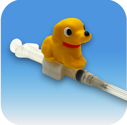 MedBuddy® Poppy yellow dog puppy toy figurine pediatric syringe attachment to turn doctor visits into positive experiences for kids