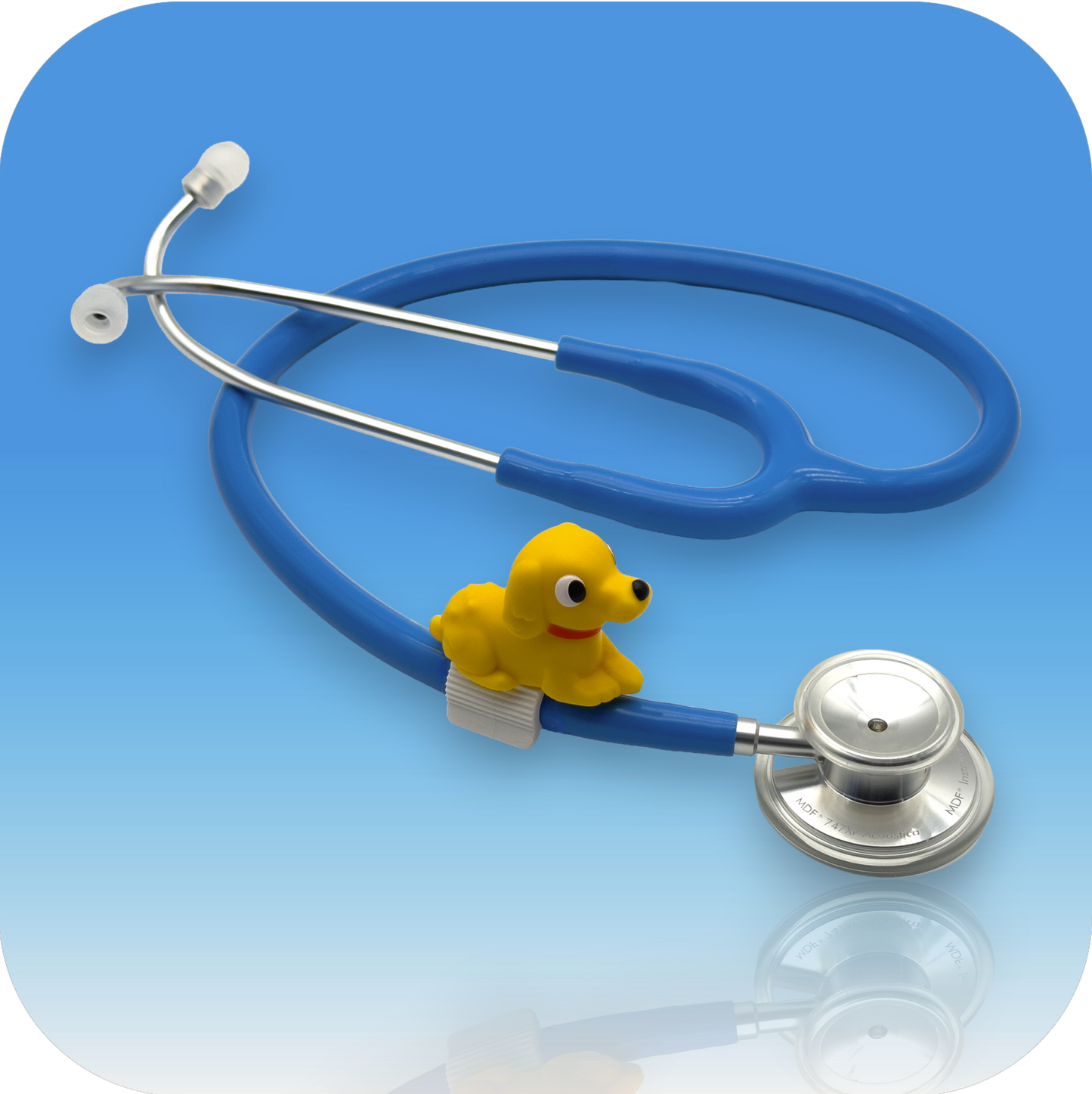Blue stethoscope with a yellow rubber duck attached on a blue gradient background