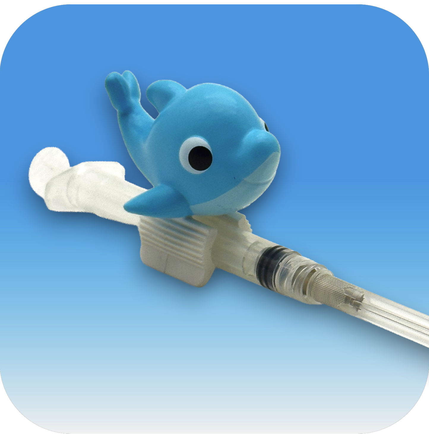 MedBuddy® Dream blue dolphin toy figurine pediatric syringe attachment to relieve shot fear and anxiety in children