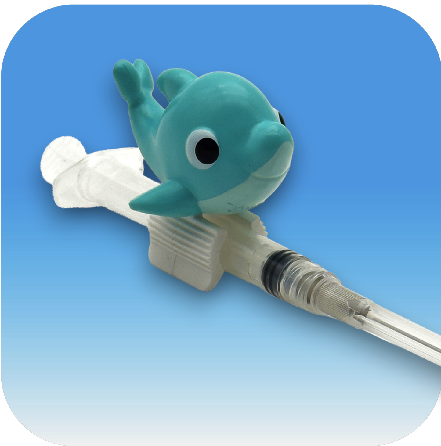 Koa — MedBuddy® Koa green dolphin toy figurine attachment for children's medical syringes to comfort kids during injections