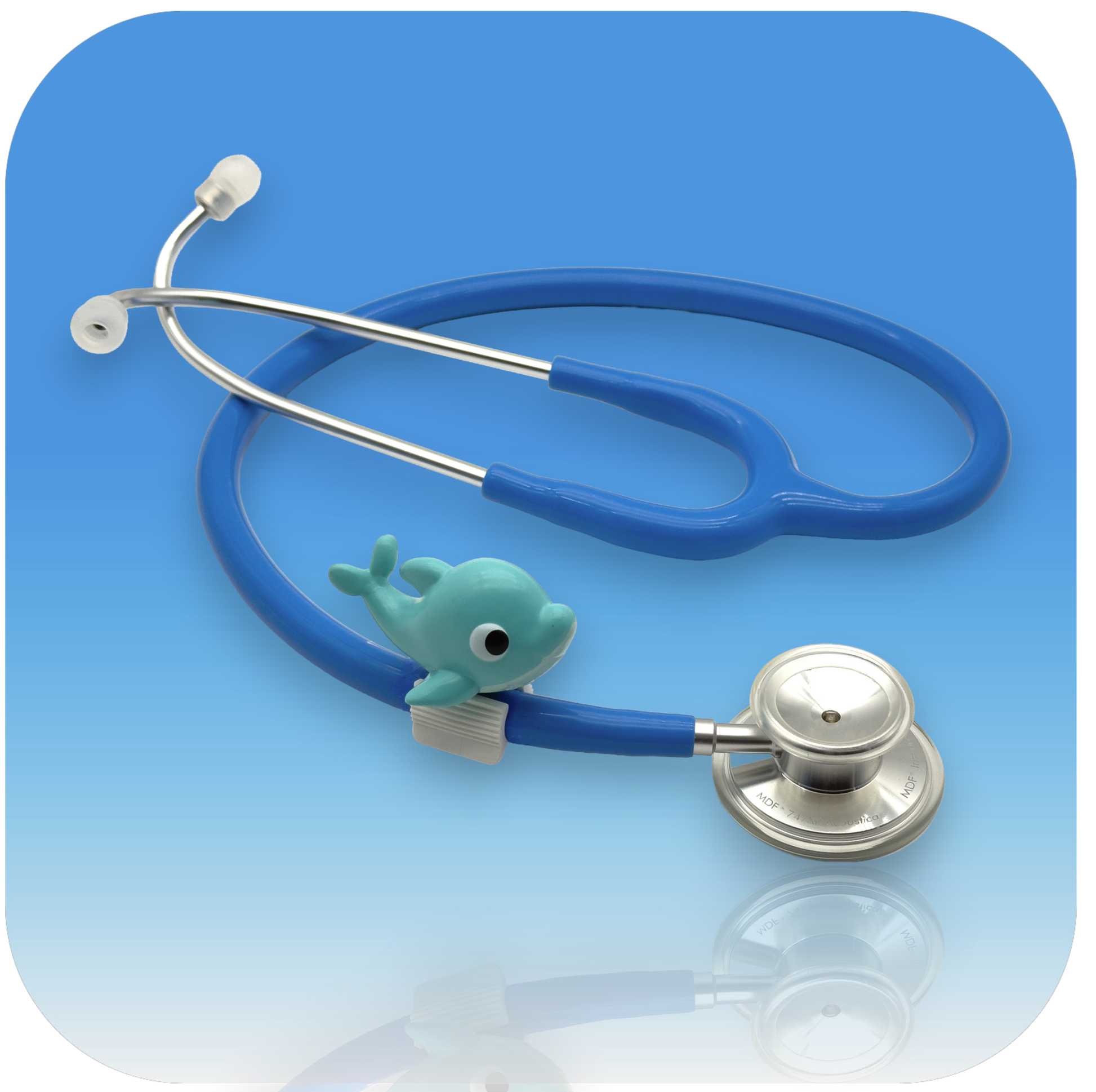 MedBuddy® Koa green dolphin toy figurine attachment for children's medical stethoscopes to comfort kids during injections