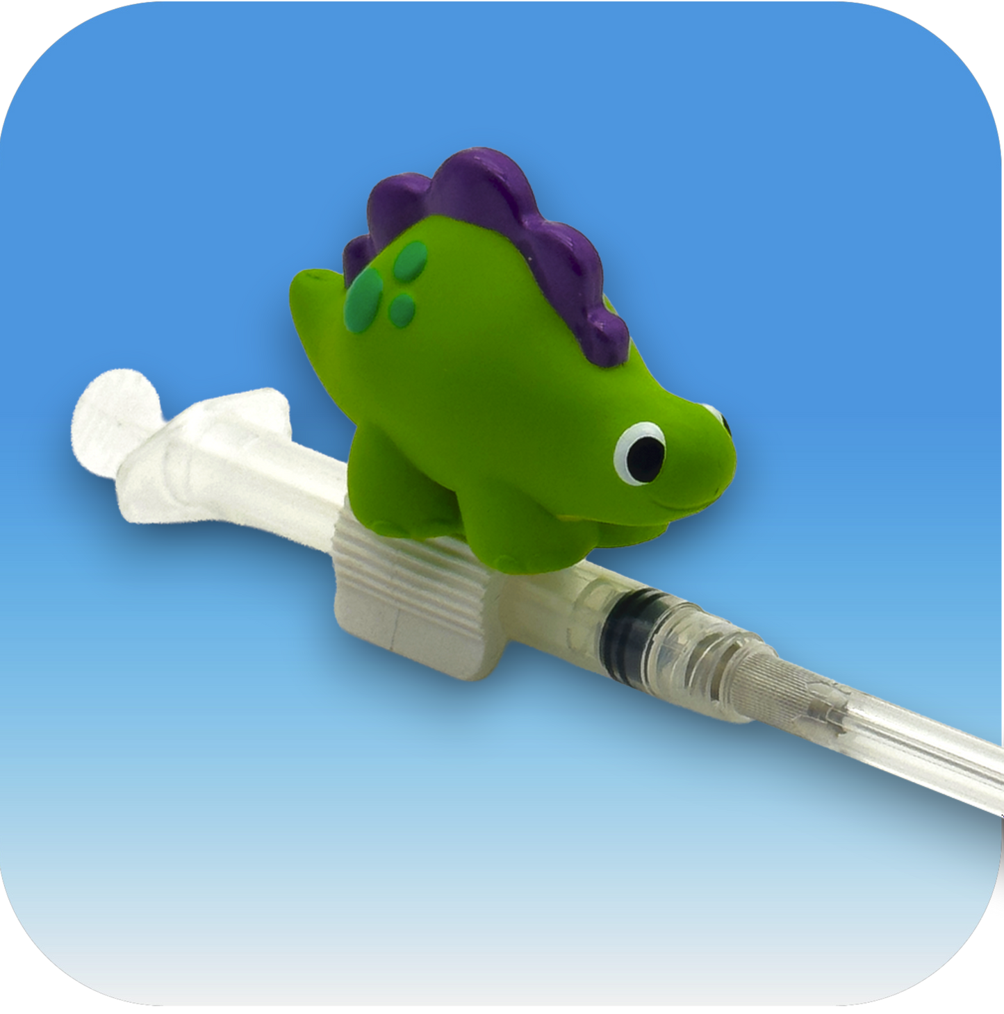 MedBuddy® Carter green stegosaurus dinosaur toy figurine attachment for children's medical syringes to reduce needle fear