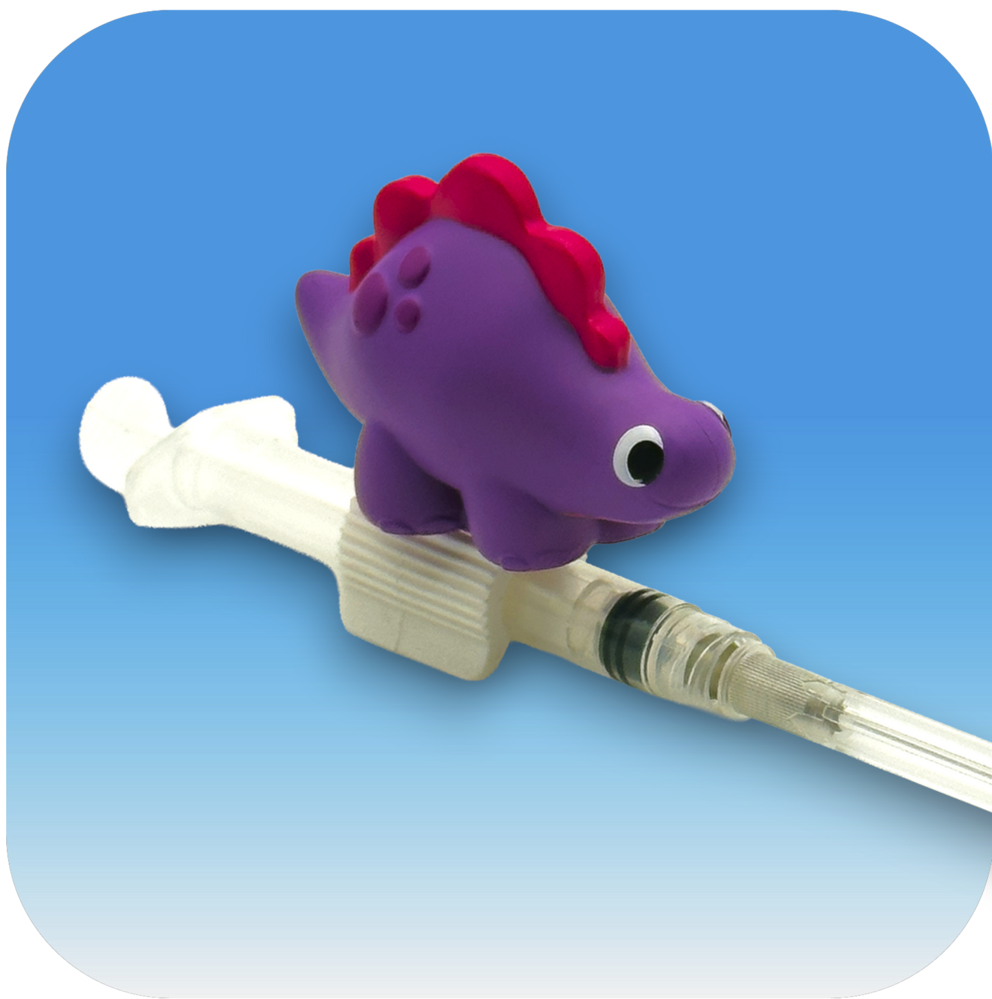 MedBuddy® Berry Boo purple stegosaurus dinosaur toy figurine pediatric syringe attachment to calm shot anxiety in kids