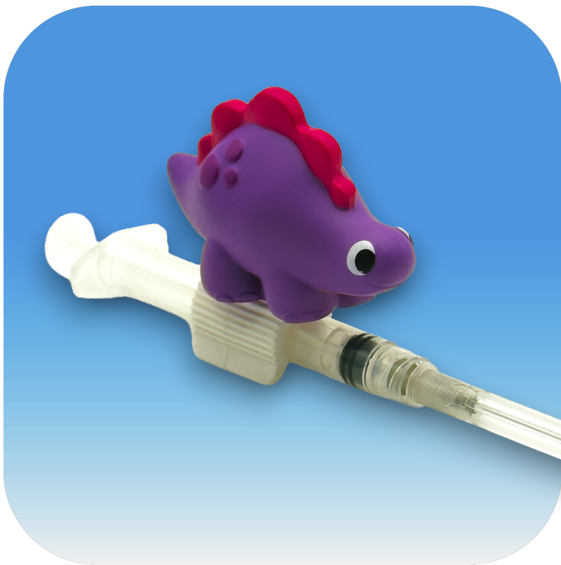 MedBuddy® Berry Boo purple stegosaurus dinosaur toy figurine pediatric syringe attachment to calm shot anxiety in kids