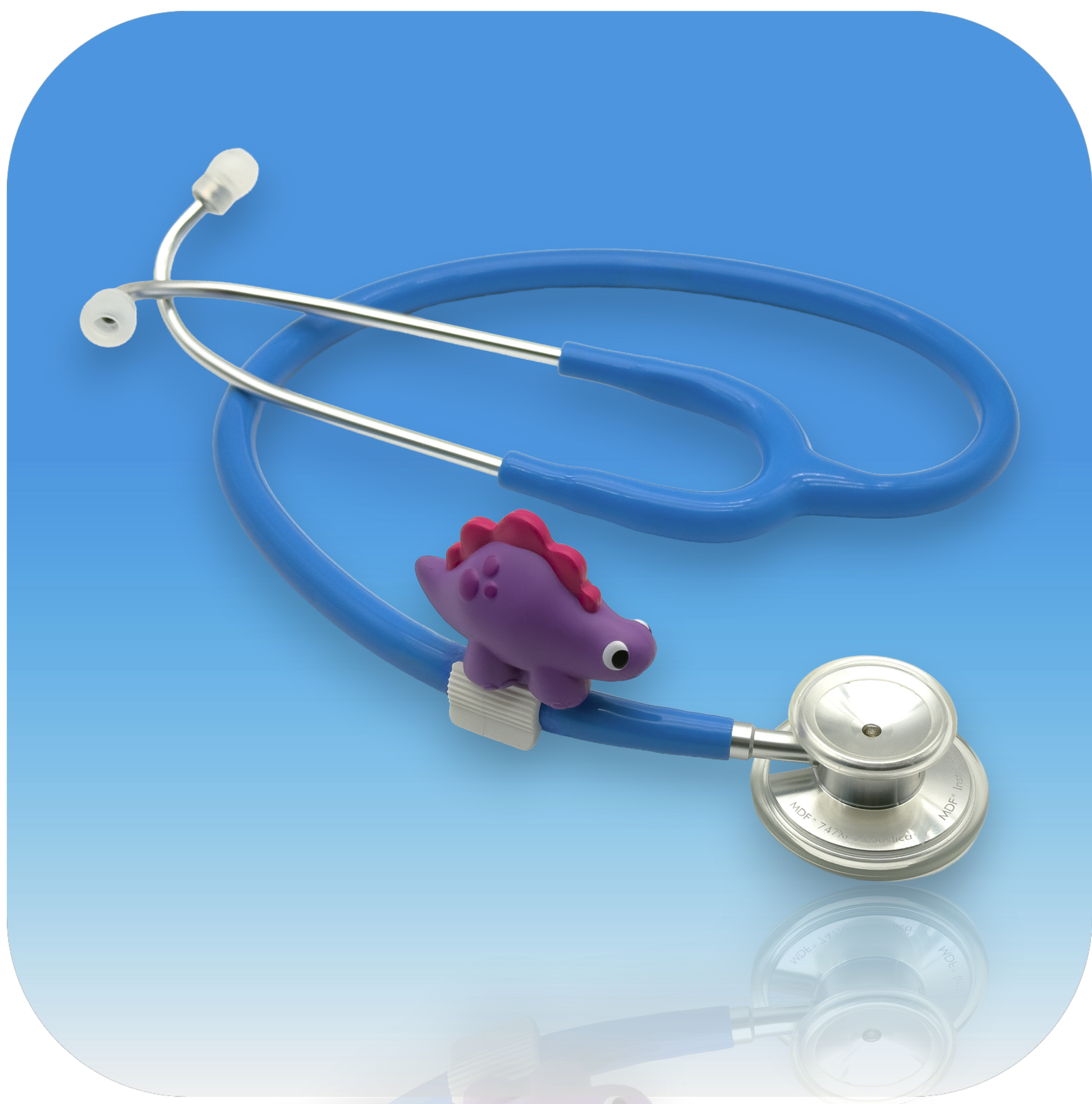 MedBuddy® Berry Boo purple stegosaurus dinosaur toy figurine pediatric stethoscope attachment to calm shot anxiety in kids